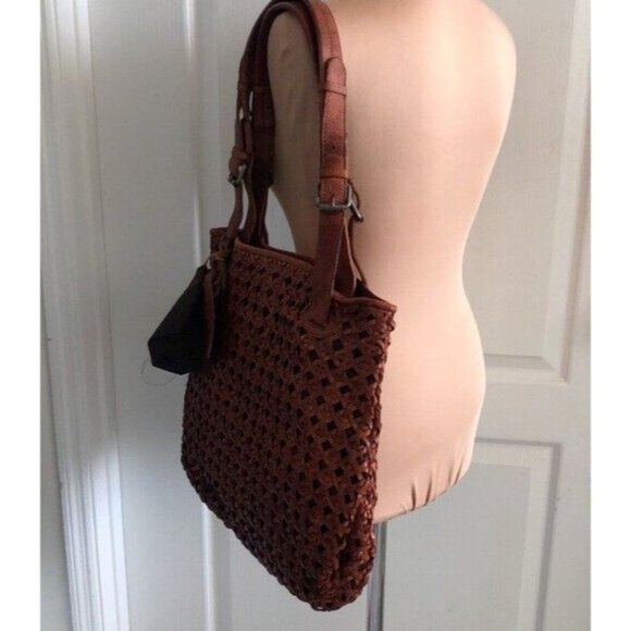 VILENCA HOLLAND Handbag Leather Woven Cut Out Buckle Tote Cognac New - Picture 6 of 14